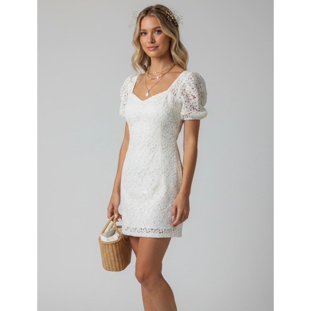 Guess Los Angeles Floral Ivory Lace Mini Dress Size 6 Puff Sleeve Deep V